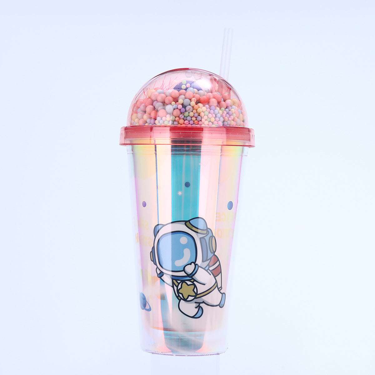 Creative Astronaut Print Plastic Cup Double Layer Portable Cute Water Cup, Sipper with Straw and LED Light