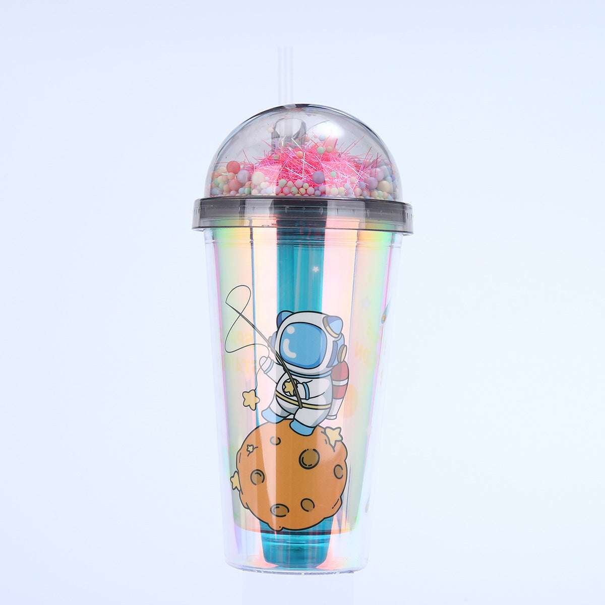 Creative Astronaut Print Plastic Cup Double Layer Portable Cute Water Cup, Sipper with Straw and LED Light