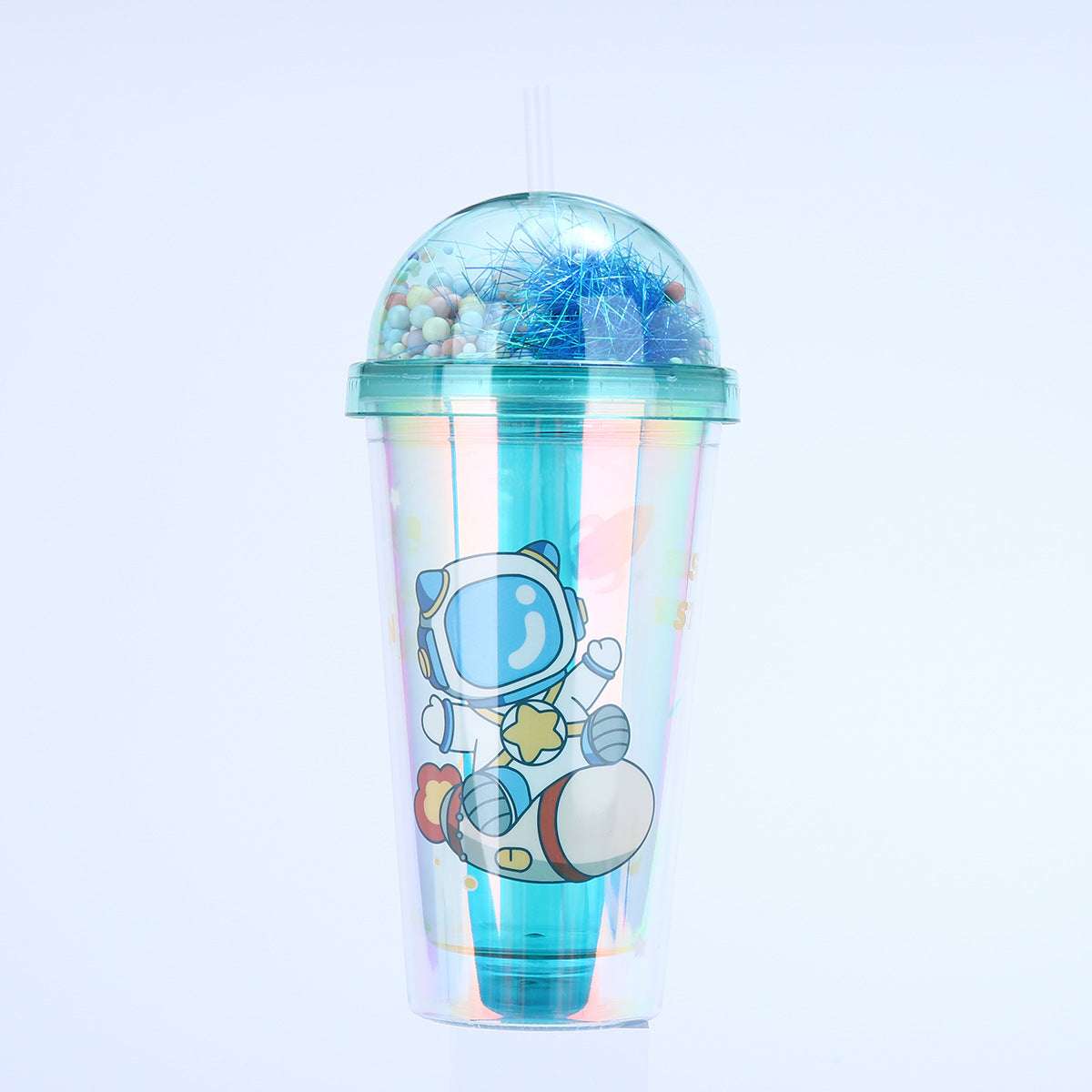 Creative Astronaut Print Plastic Cup Double Layer Portable Cute Water Cup, Sipper with Straw and LED Light