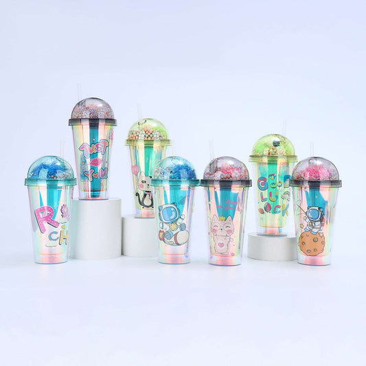 Creative Astronaut Print Plastic Cup Double Layer Portable Cute Water Cup, Sipper with Straw and LED Light