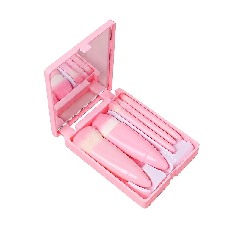 5 pcs Mini Makeup Brush Set with Mirror - Multifunctional Travel Cosmetic Brushes, Fragrance-Free, ABS Handle, Polyester Bristles, Palm Brush Shape, Ideal Gift for Friends and Family, All Skin Types