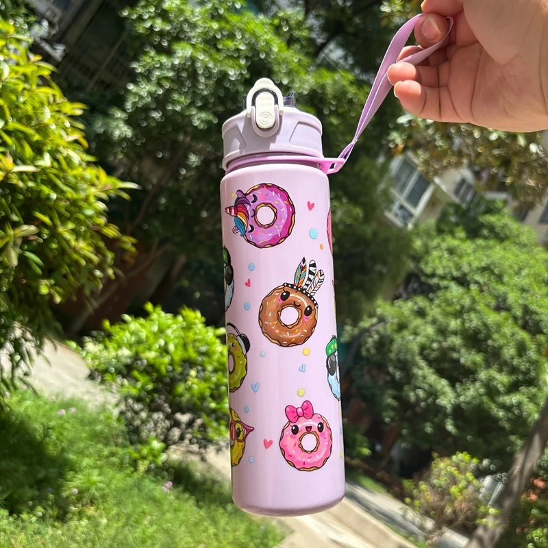 Cute Donut Print Water Bottle – Flip Top, Straw Sipper, Leak-Proof, BPA-Free – Ideal for School, Gifting & Daily Use (Random Color)