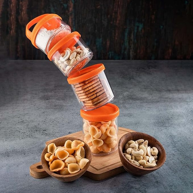 4-in-1 Modular Dry Fruit & Snack Storage Container – Airtight, Stackable Plastic Jars with Easy Carry Handle for Home & Travel Use