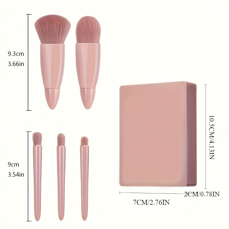 5 pcs Mini Makeup Brush Set with Mirror - Multifunctional Travel Cosmetic Brushes, Fragrance-Free, ABS Handle, Polyester Bristles, Palm Brush Shape, Ideal Gift for Friends and Family, All Skin Types