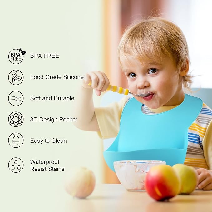 Silicone Bibs for Babies, Adjustable and Waterproof  Baby Bibs for Eating with Food Catcher Pocket (Random Color)