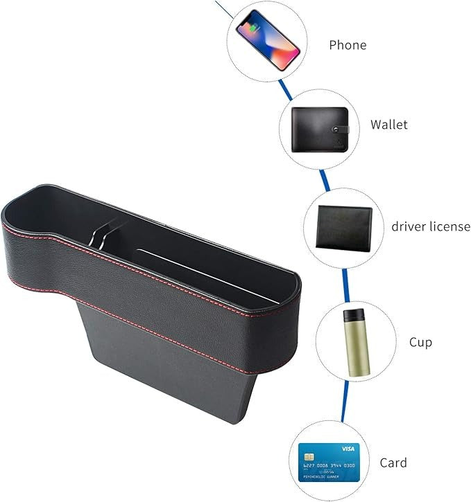 Multifunction Car Seat Organizer – Gap Filler Storage Box with Red Stitching