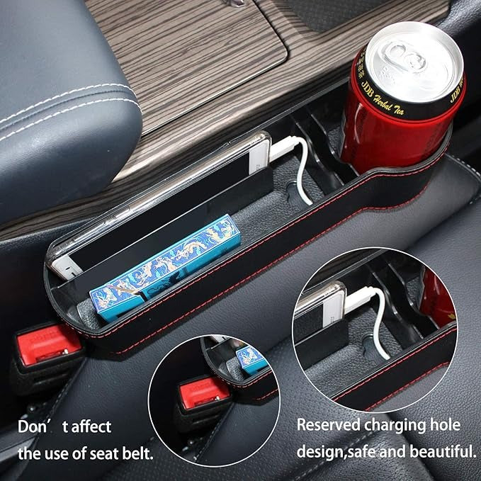Multifunction Car Seat Organizer – Gap Filler Storage Box with Red Stitching