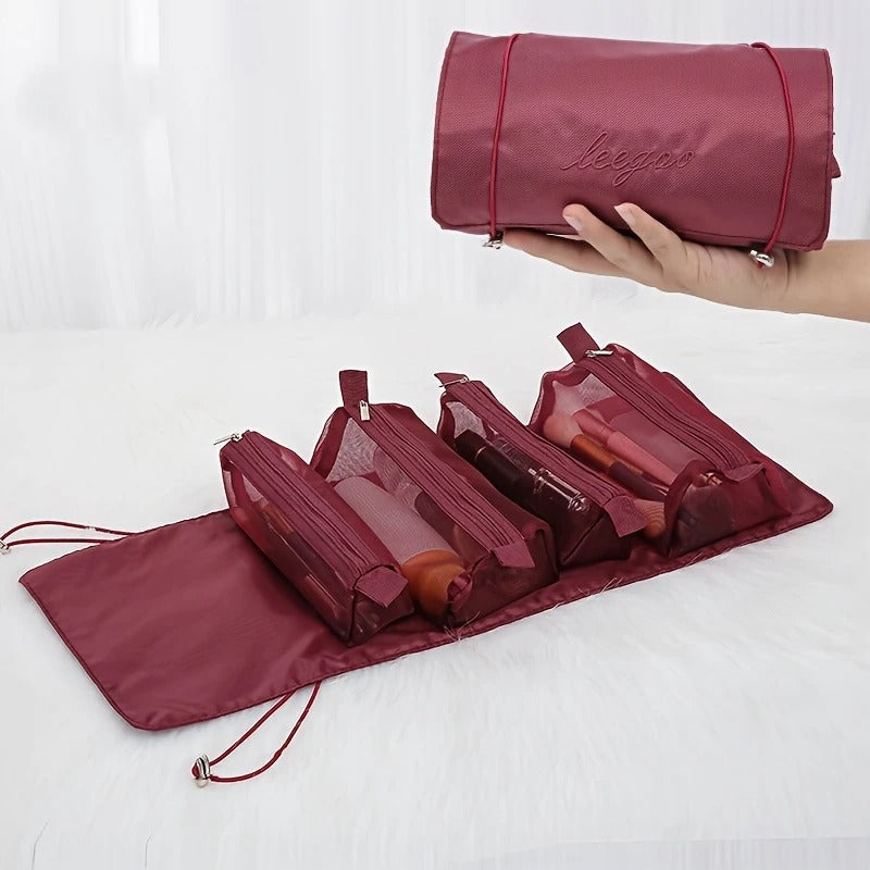 4-in-1 Roll-Up Hanging Makeup Bag with 4 Detachable Mesh Storage Bags - Random Color