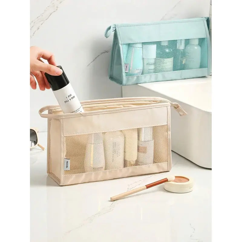 Transparent Mesh Travel Toiletry Bag – Waterproof Cosmetic Organizer Pouch (Random Color)