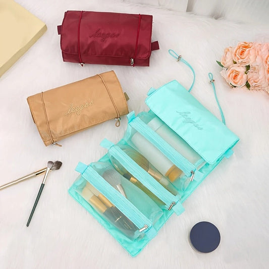 4-in-1 Roll-Up Hanging Makeup Bag with 4 Detachable Mesh Storage Bags - Random Color