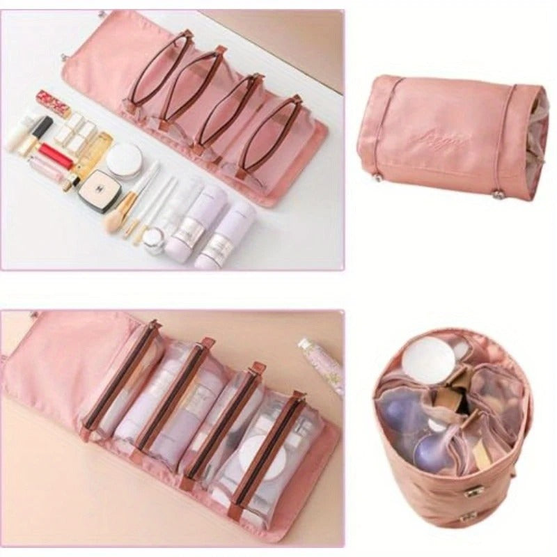 4-in-1 Roll-Up Hanging Makeup Bag with 4 Detachable Mesh Storage Bags - Random Color