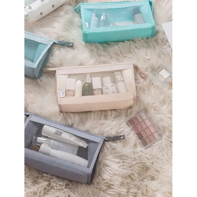Transparent Mesh Travel Toiletry Bag – Waterproof Cosmetic Organizer Pouch (Random Color)