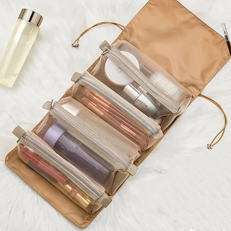 4-in-1 Roll-Up Hanging Makeup Bag with 4 Detachable Mesh Storage Bags - Random Color