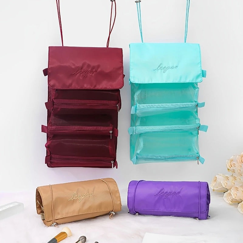 4-in-1 Roll-Up Hanging Makeup Bag with 4 Detachable Mesh Storage Bags - Random Color