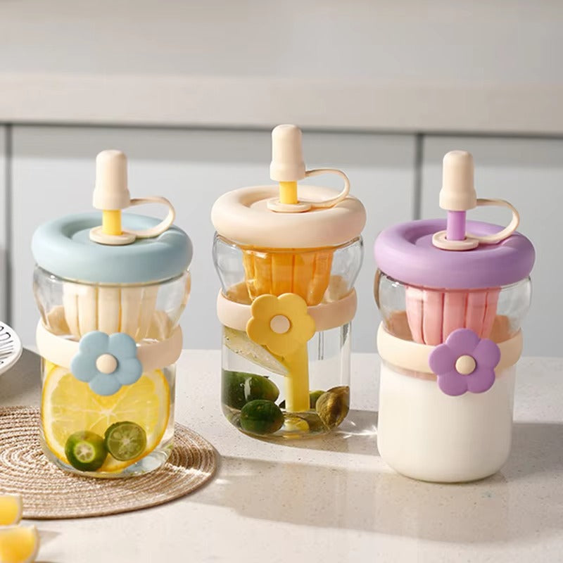 Eco Friendly Reusable Cute Fancy Design Coffee Glass Mug With Straw (Random Color)