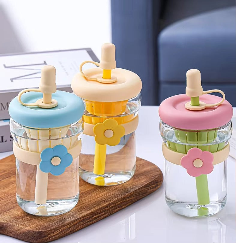 Eco Friendly Reusable Cute Fancy Design Coffee Glass Mug With Straw (Random Color)