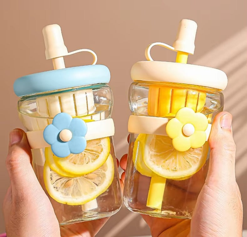 Eco Friendly Reusable Cute Fancy Design Coffee Glass Mug With Straw (Random Color)