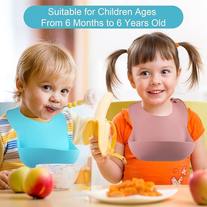 Silicone Bibs for Babies, Adjustable and Waterproof  Baby Bibs for Eating with Food Catcher Pocket (Random Color)