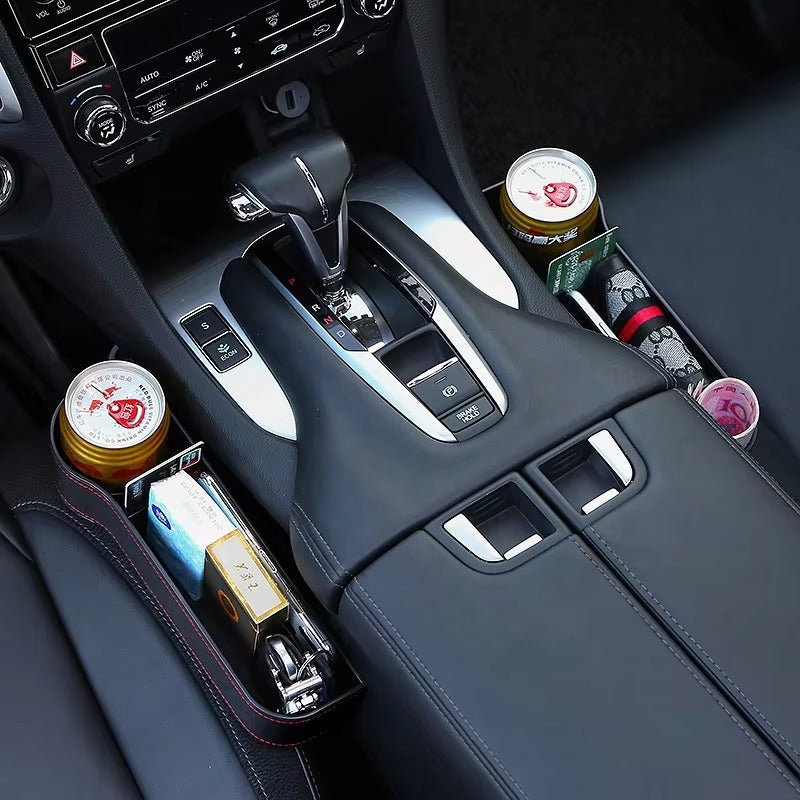 Multifunction Car Seat Organizer – Gap Filler Storage Box with Red Stitching