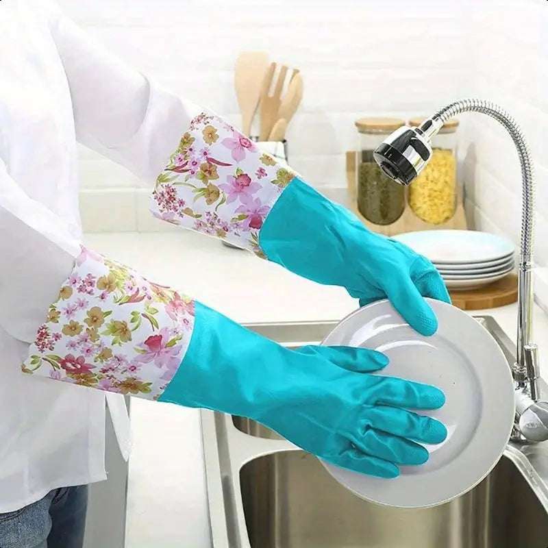 1 Pair Rubber Gloves for Kitchen, Dishwashing & Laundry - Long, Waterproof, Durable, PVC-Free, Warm Fleece Lined Cleaning Gloves, Dishwashing Gloves