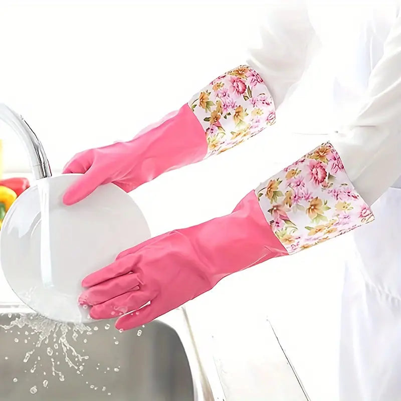 1 Pair Rubber Gloves for Kitchen, Dishwashing & Laundry - Long, Waterproof, Durable, PVC-Free, Warm Fleece Lined Cleaning Gloves, Dishwashing Gloves