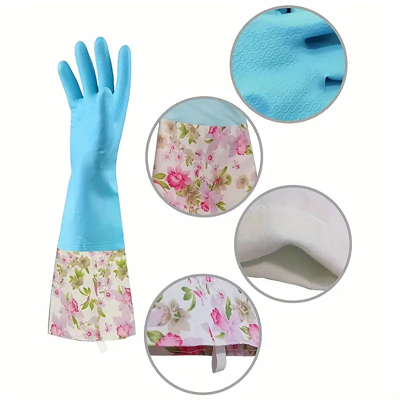 1 Pair Rubber Gloves for Kitchen, Dishwashing & Laundry - Long, Waterproof, Durable, PVC-Free, Warm Fleece Lined Cleaning Gloves, Dishwashing Gloves