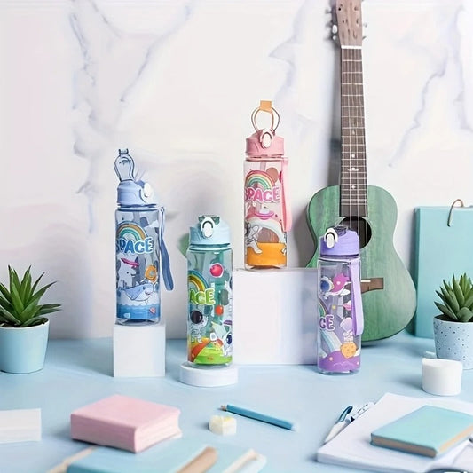 Kids Space-Themed Water Bottle – Leak-Proof BPA-Free Bottle with Straw & Strap, Cute Astronaut Cartoon Design