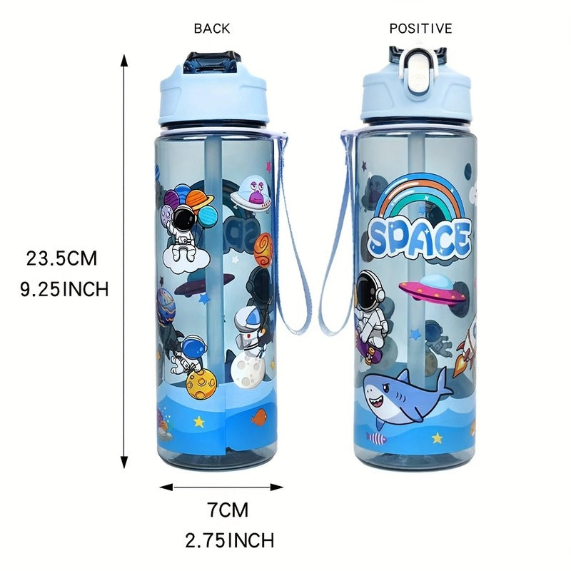 Kids Space-Themed Water Bottle – Leak-Proof BPA-Free Bottle with Straw & Strap, Cute Astronaut Cartoon Design
