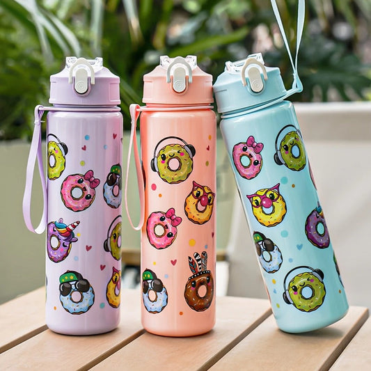 Cute Donut Print Water Bottle – Flip Top, Straw Sipper, Leak-Proof, BPA-Free – Ideal for School, Gifting & Daily Use (Random Color)